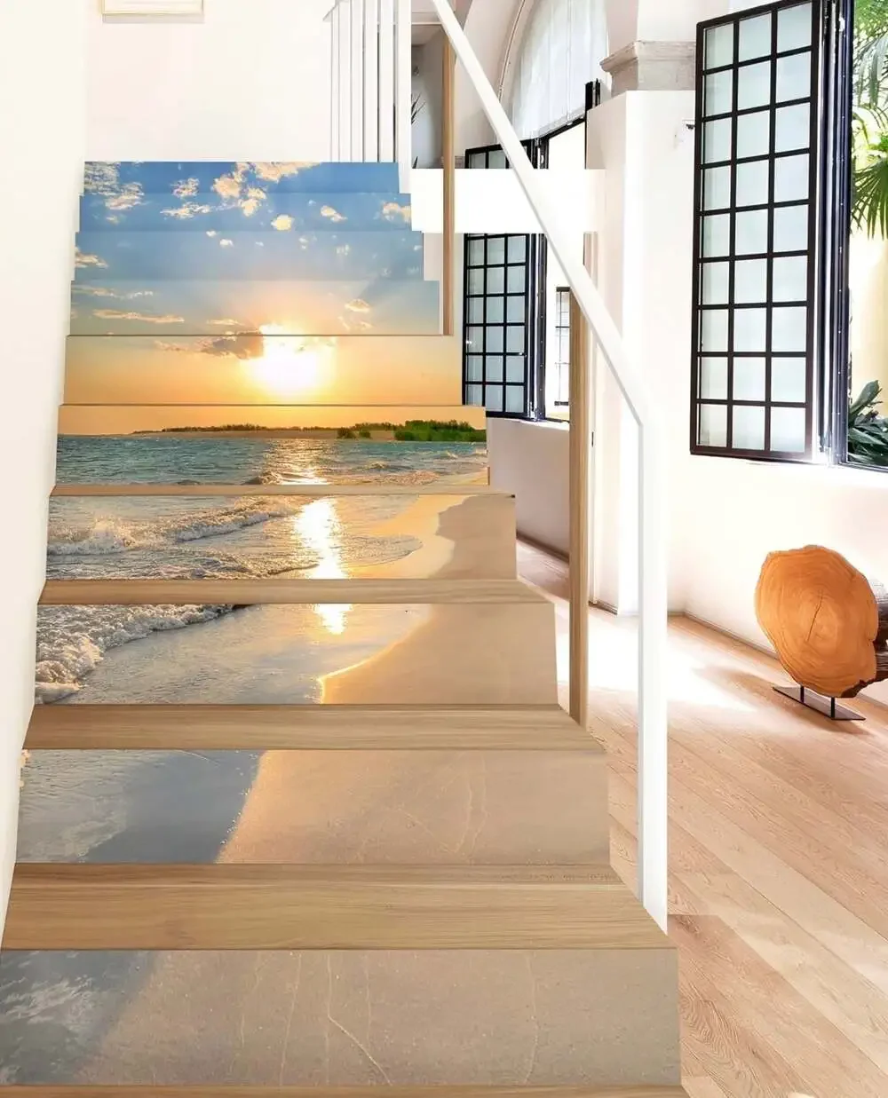New. FLFK 13PCS/Set 3D Sunrise Ocean Beach Self-Adhesive Stair Risers Stickers